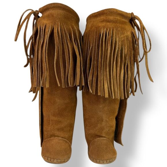Taos Vintage 70s Tall Moccasins Boots Brown Tan Suede Fringe Conchos Women’s 8 - Picture 8 of 11